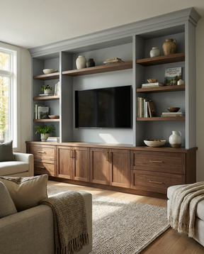 Living room with wooden entertainment center and shelves