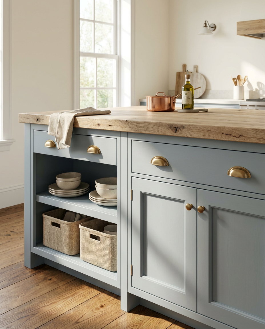 Kitchen island with wooden countertop and gray cabinets, featuring kitchenware and decor.