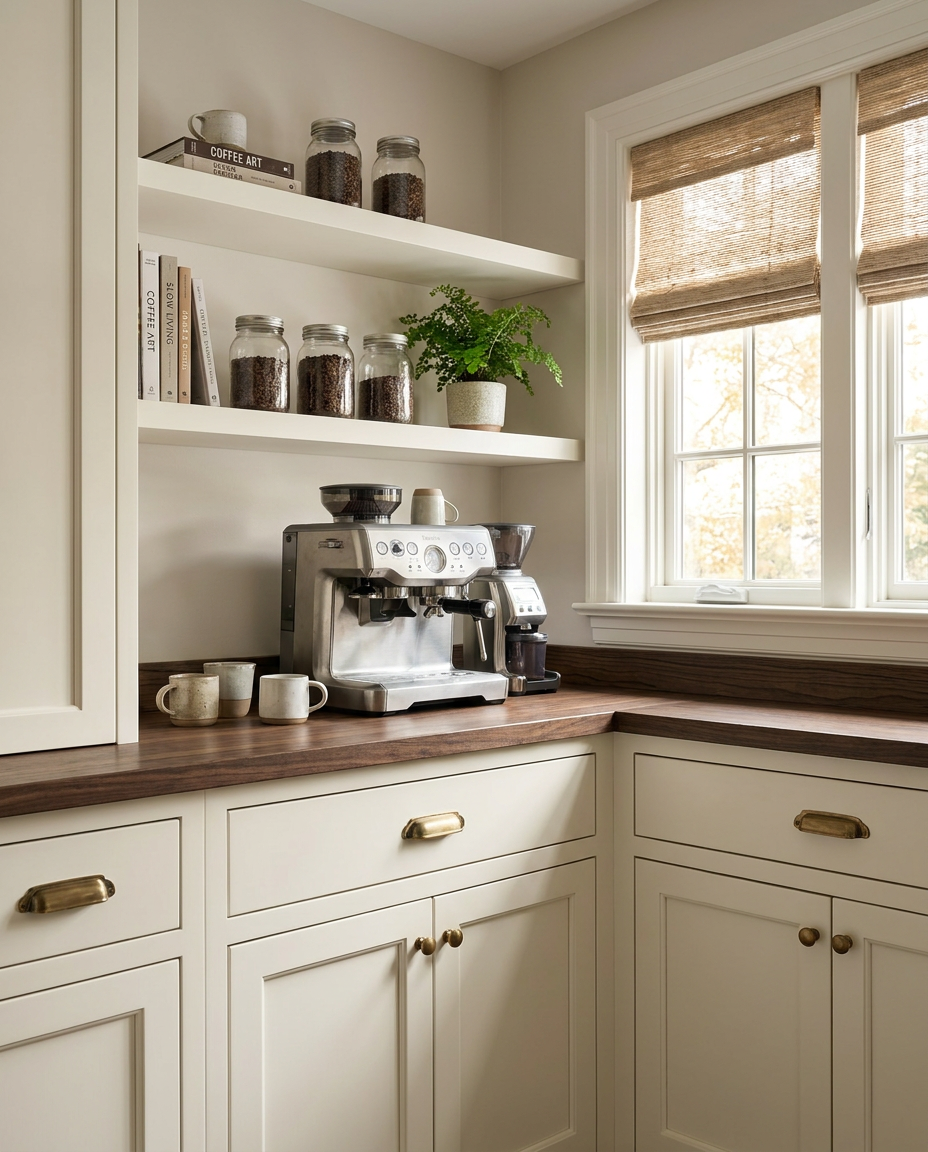 Kitchen corner with a coffee maker on a wooden countertop, shelves with jars and books, and a window with blinds.
