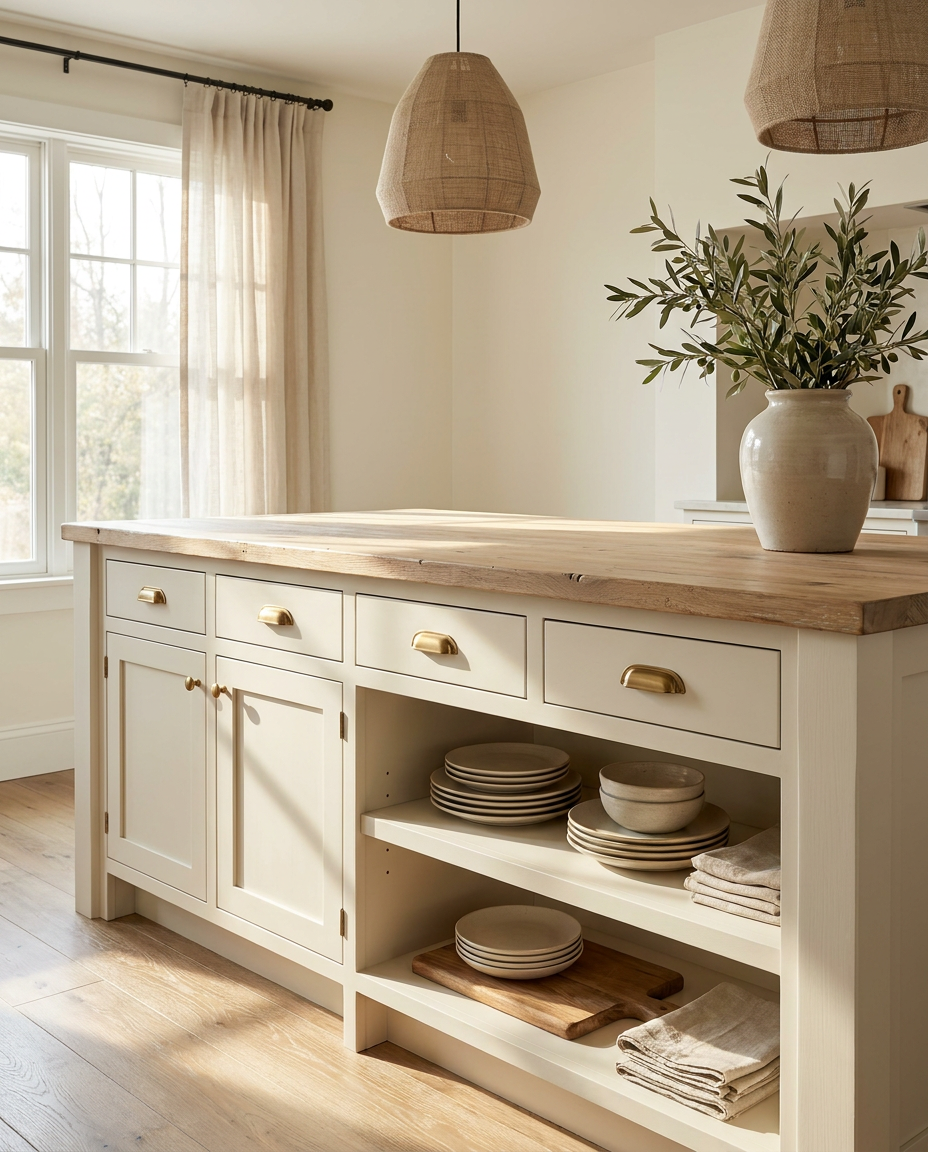Kitchen island with wooden countertop and white cabinets, featuring plates and a vase.