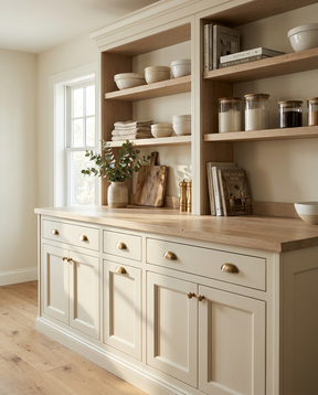 Kitchen with wooden cabinets and shelves, light-colored walls and floor.