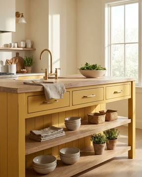 Modern kitchen with yellow island, wooden countertop, and natural light.