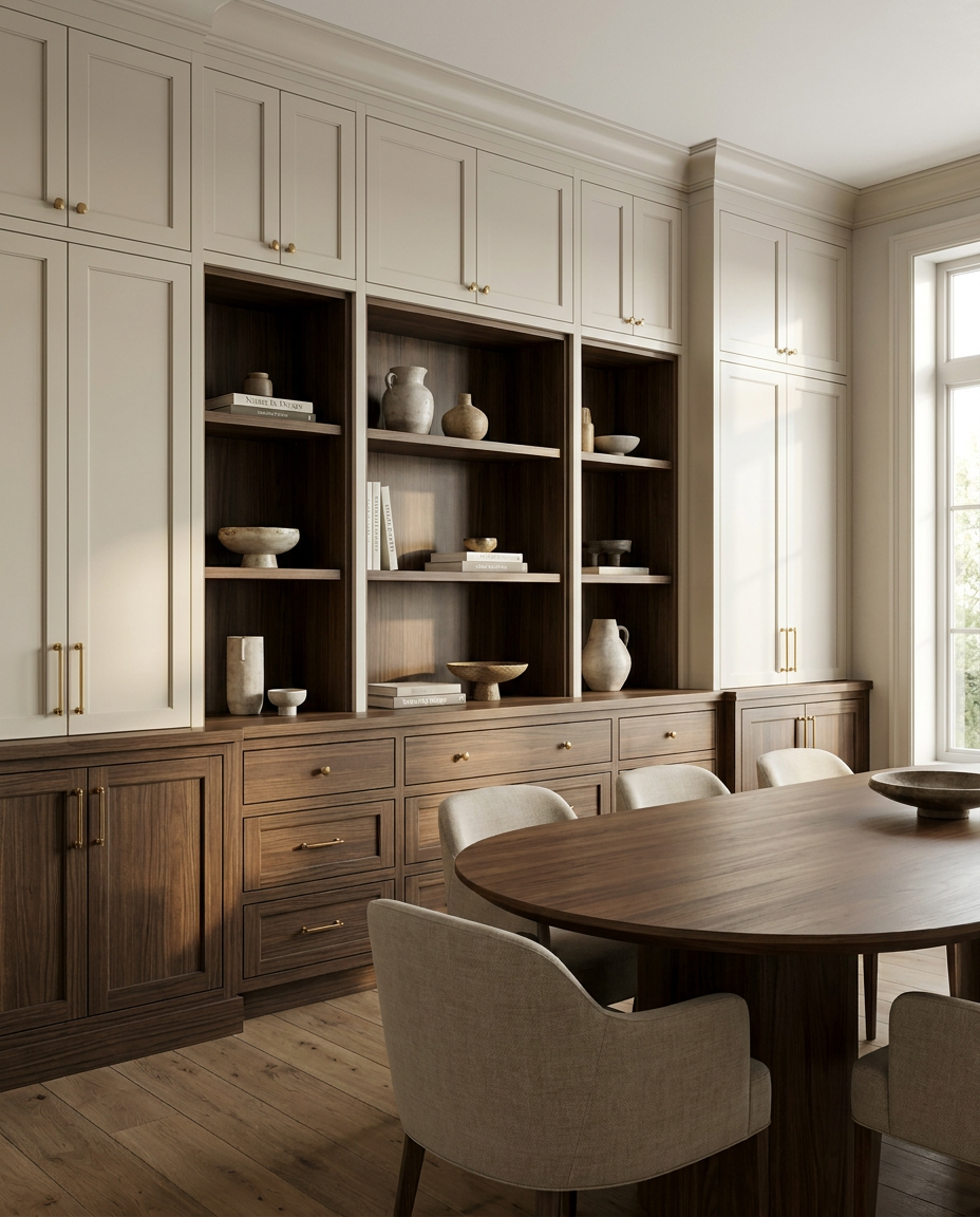Dining room with wooden table and chairs, built-in shelves, and cabinetry.