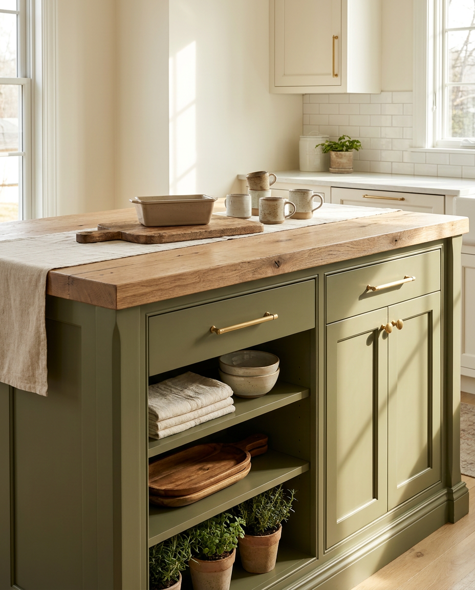 Kitchen island with wooden countertop and green base cabinets, featuring various kitchen items.
