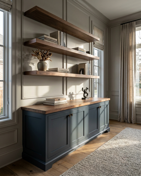 Modern interior with a dark blue cabinet and wooden shelves.