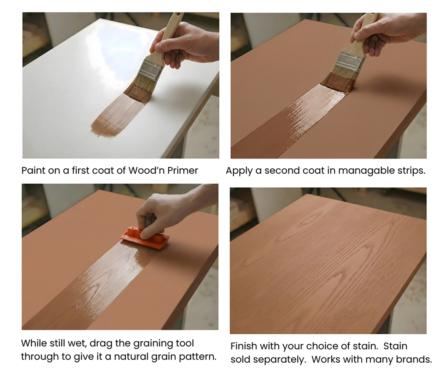 Retique It Universal Liquid Wood Kit in dark wood finish, showing application process on a wooden surface.