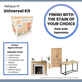 Universal Liquid Wood Kit in Light Wood by Retique It with infographic showing application and usage details.