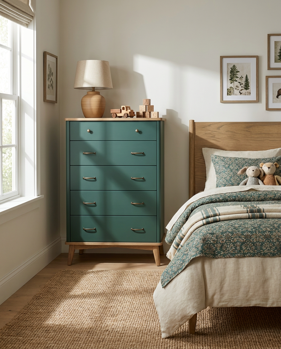 Teal dresser next to a bed with wooden headboard and green bedding in a well-lit bedroom.