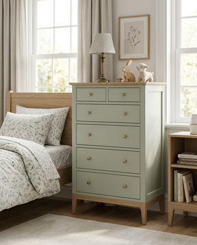 Nursery room with a green dresser, bed, and bookshelf.