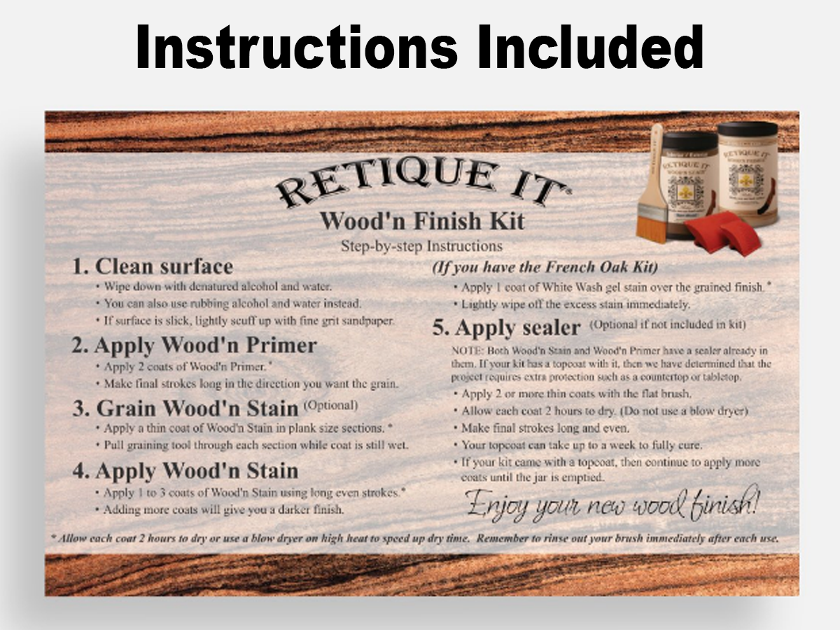 Retique It® Wood'n Finish Kit in Red Mahogany with instructions front view for applying exterior top coat on wood surfaces.